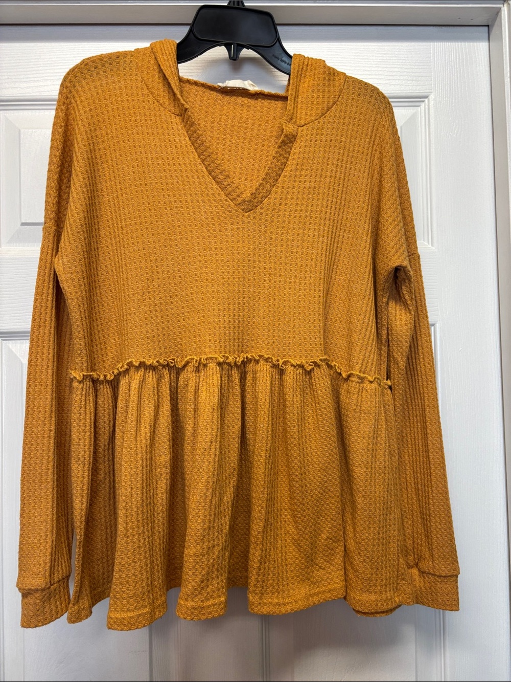 Peach Love Women's Mustard Soft Waffle-Knit Hooded Peplum Top Medium